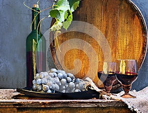 Still life with wine and barrels.