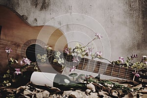 Still life wine bottle with guitar
