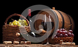 Still life with wine bottles, glasses and oak barrels