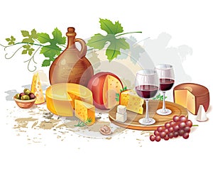 Still life of wine, cheese and grapes