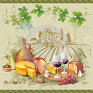 Still life of wine, cheese and grapes