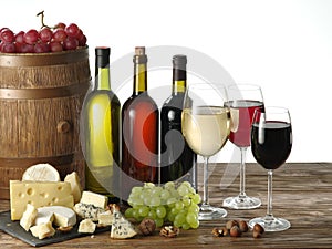 Still-life with wine, cheeses and fruits.