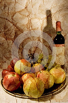 Still life with wine and fruits