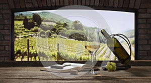 Still life with wine glasses, bottles, grapes on wooden table in wine cellar. Panoramic window view of lush vineyards at