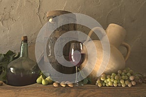 Still-life, wine grapes and figs.