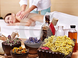 Still life of woman on massage table in beauty spa