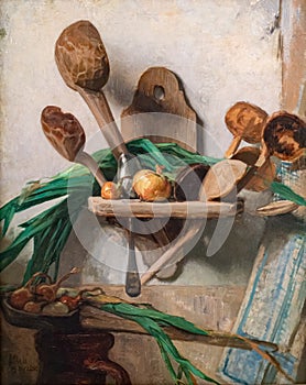 Still life with wooden ladles, painting by August AllebÃ©