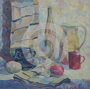 Still life written in oil. Bottle, pitcher, mug and vegetables on the table with drape