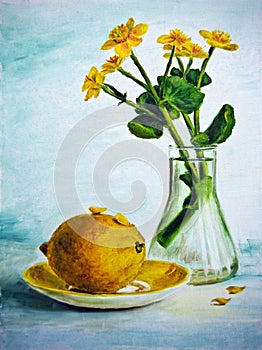 Still life with yellow flowers and lemon