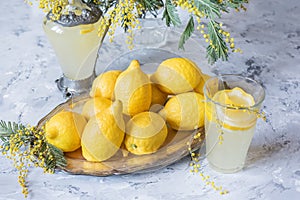 Still life of yellow flowers of mimosa and lemons.