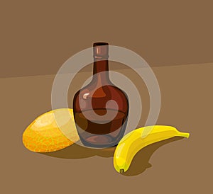 Still life with yellow melon, bottle and banana