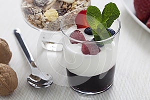 Still life of yogurt, berries and muesli