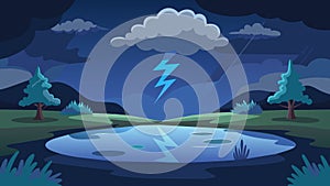 A still pond reflecting the dark clouds and lightning in the sky.. Vector illustration.