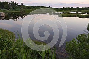 Still water of tidal pond, evening at Hammonasset Beach, Madison