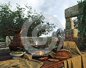 Stilllife with ancient ruins, books, olive and pitcher