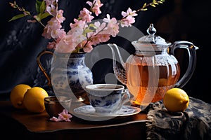 Stilllife flower tea. Generate Ai photo