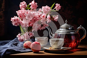 Stilllife flowers tea. Generate Ai photo
