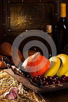 Stilllife with wine and various vegetables