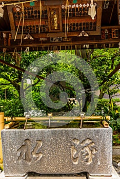 Stillness at the water basin at the entrance of a shrine in Japan for the riual Temizuya purification - 11