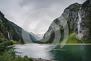 Stillup Lake and mountain alpine waterfalls Austria, Tyrol