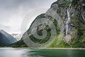 Stillup Lake and mountain alpine waterfalls Austria, Tyrol