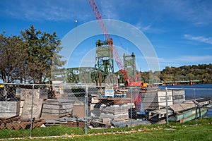 Construction takes place over the St Croix River for the Stillwater Lift Bridge