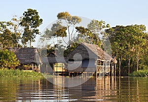 Amazon Jungle Morning Huts on the River photo