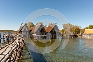 Stilt houses (Pfahlbauten), Stone and Bronze age dwellings in Unteruhldingen town, Lake Constance (Bodensee