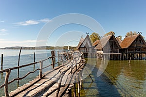 Stilt houses (Pfahlbauten), Stone and Bronze age dwellings in Unteruhldingen town, Lake Constance (Bodensee