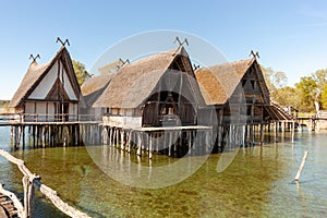 Stilt houses (Pfahlbauten), Stone and Bronze age dwellings in Unteruhldingen town, Lake Constance (Bodensee