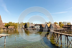 Stilt houses (Pfahlbauten), Stone and Bronze age dwellings in Unteruhldingen town, Lake Constance (Bodensee