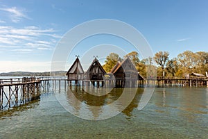 Stilt houses (Pfahlbauten), Stone and Bronze age dwellings in Unteruhldingen town, Lake Constance (Bodensee