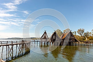 Stilt houses (Pfahlbauten), Stone and Bronze age dwellings in Unteruhldingen town, Lake Constance (Bodensee