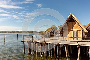 Stilt houses (Pfahlbauten), Stone and Bronze age dwellings in Unteruhldingen town, Lake Constance (Bodensee