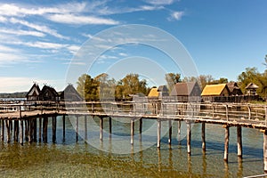 Stilt houses (Pfahlbauten), Stone and Bronze age dwellings in Unteruhldingen town, Lake Constance (Bodensee