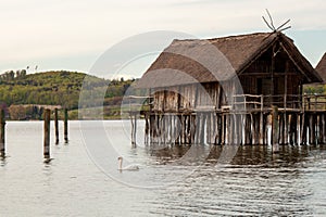 Stilt houses (Pfahlbauten), Stone and Bronze age dwellings in Unteruhldingen town, Lake Constance (Bodensee