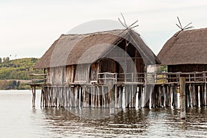 Stilt houses (Pfahlbauten), Stone and Bronze age dwellings in Unteruhldingen town, Lake Constance (Bodensee