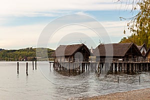 Stilt houses (Pfahlbauten), Stone and Bronze age dwellings in Unteruhldingen town, Lake Constance (Bodensee