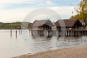 Stilt houses (Pfahlbauten), Stone and Bronze age dwellings in Unteruhldingen town, Lake Constance (Bodensee