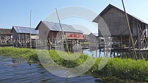 Stilted houses in village on famous Inle Lake