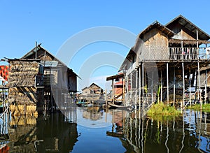 Stilted houses in village on Inle lake