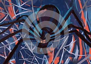 Stimulating giant and scary spider walks on modern-web with brushstrokes, art, spider and modern painting art. Aesthetic gouache