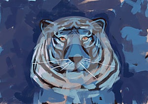 Stimulating Tiger portrait with peaceful blue color and grunge painting modern stroke color and graffiti, picture, modern painting