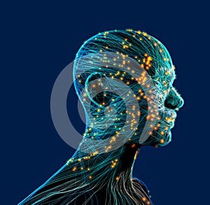 Stimuli and emotions, feelings that pervade the body. Impulses, neurons and synapses that interact. Face profile view photo