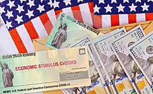 Stimulus financial a bill individual checks from government US 100 dollar bills currency American flag Global pandemic Covid 19