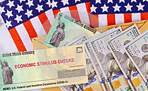 Stimulus financial a bill individual checks from government US 100 dollar bills currency American flag Global pandemic Covid 19 photo