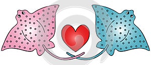 Stingray fish and heart. Vector illustration. Isolated white background. Cartoon style. A couple. A marine cartilaginous fish.
