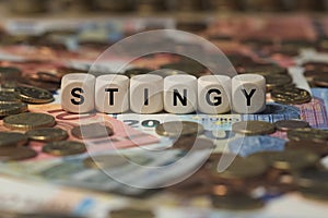 Stingy - cube with letters, money sector terms - sign with wooden cubes