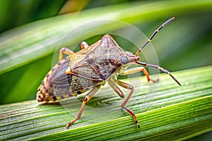 Stink bug on grass leaf