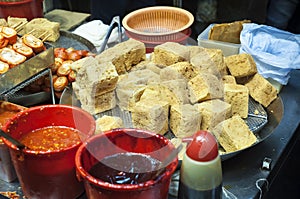 Stinky fried tofu at a Hong Kong street food stall